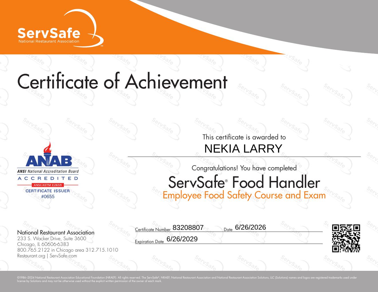 ServSafe Food Handler Certification