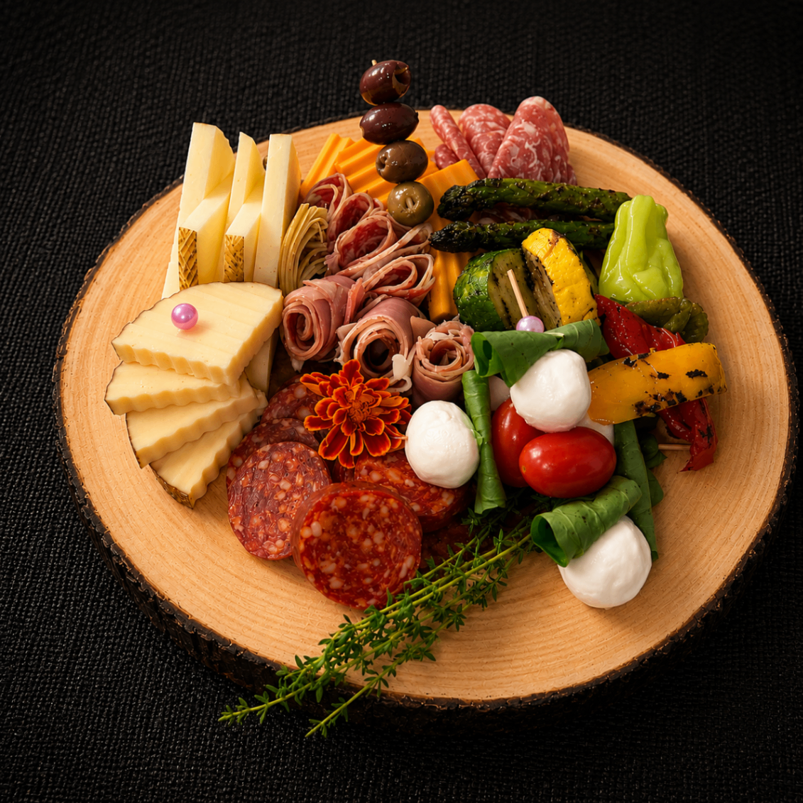 Charcuterie board with cheeses, meats, and vegetables